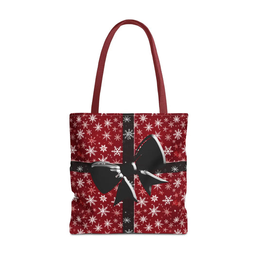 Red holiday tote bag with white snowflake pattern and festive black bow design for eco-friendly christmas shopping