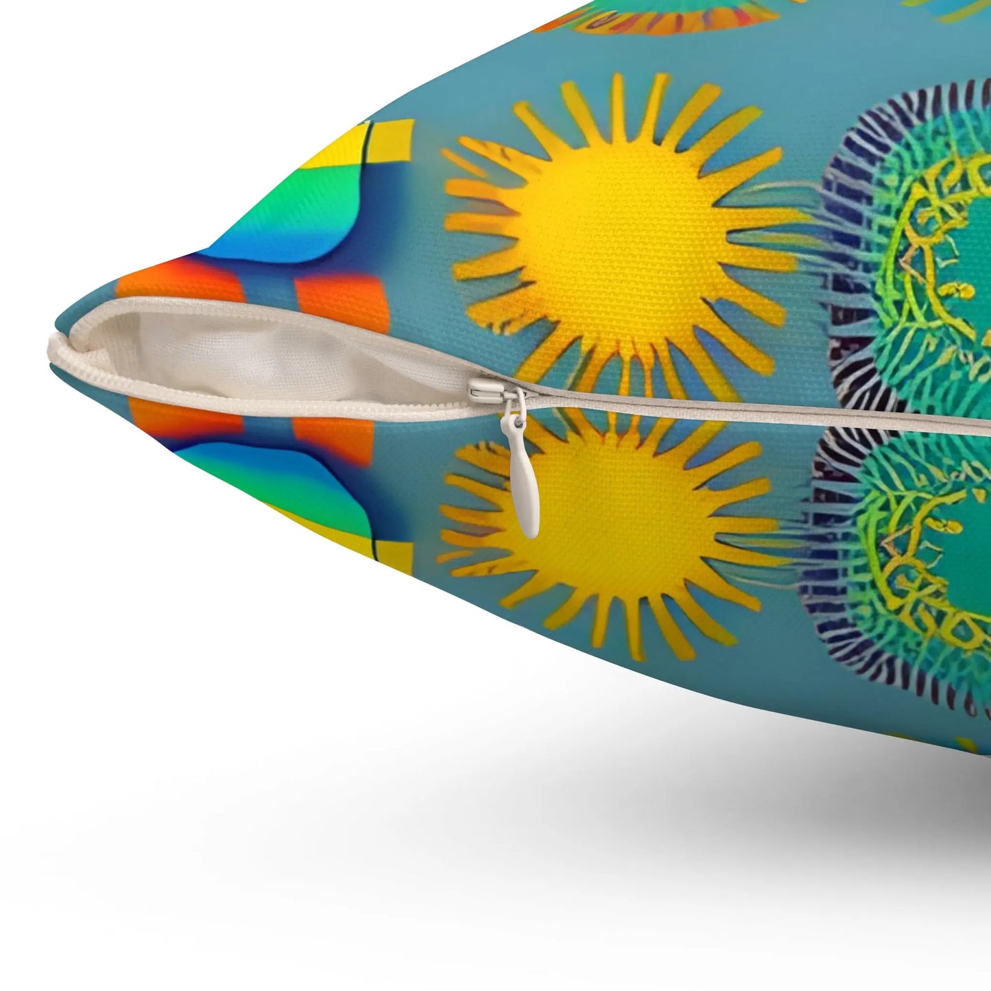 Vibrant turquoise sun design square soft pillow with bold yellow sunburst and colorful abstract geometric shapes