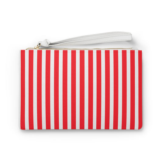 Red and white vertical stripe clutch bag with gold zipper and white leather strap perfect as a nautical summer wristlet