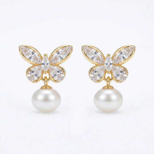 925 sterling silver pearl drop earrings with gold elegant crystal butterfly and clear marquise-cut crystals