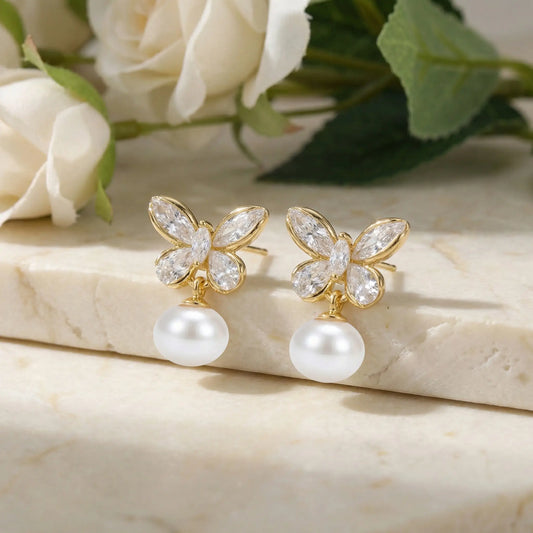 Gold 925 sterling silver elegant crystal butterfly earrings with clear crystals and lustrous pearl drop earrings