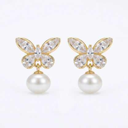 925 sterling silver gold butterfly pearl drop earrings with elegant crystal butterfly and lustrous white pearls