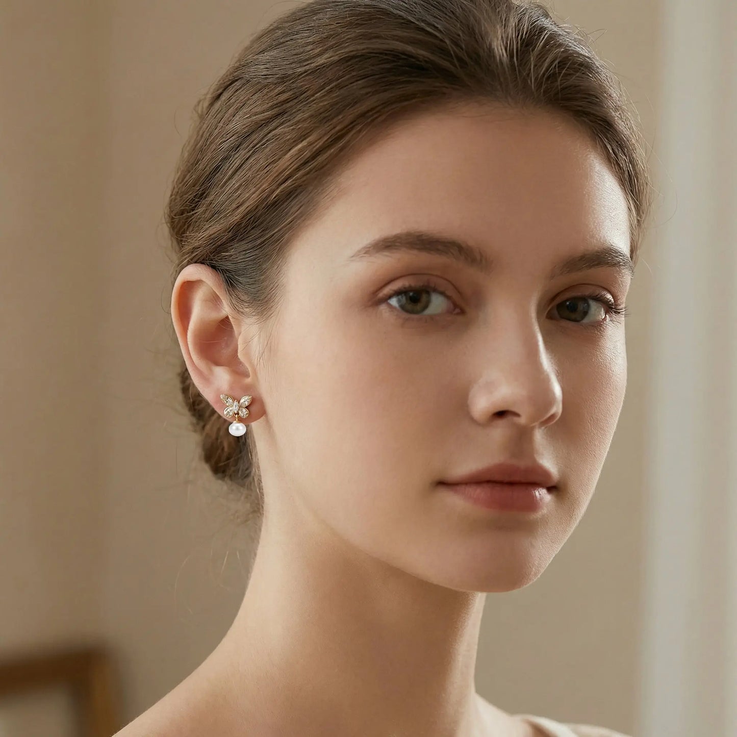 Gold-toned 925 sterling silver elegant crystal butterfly stud earring with lustrous pearl drop for pearl drop earrings