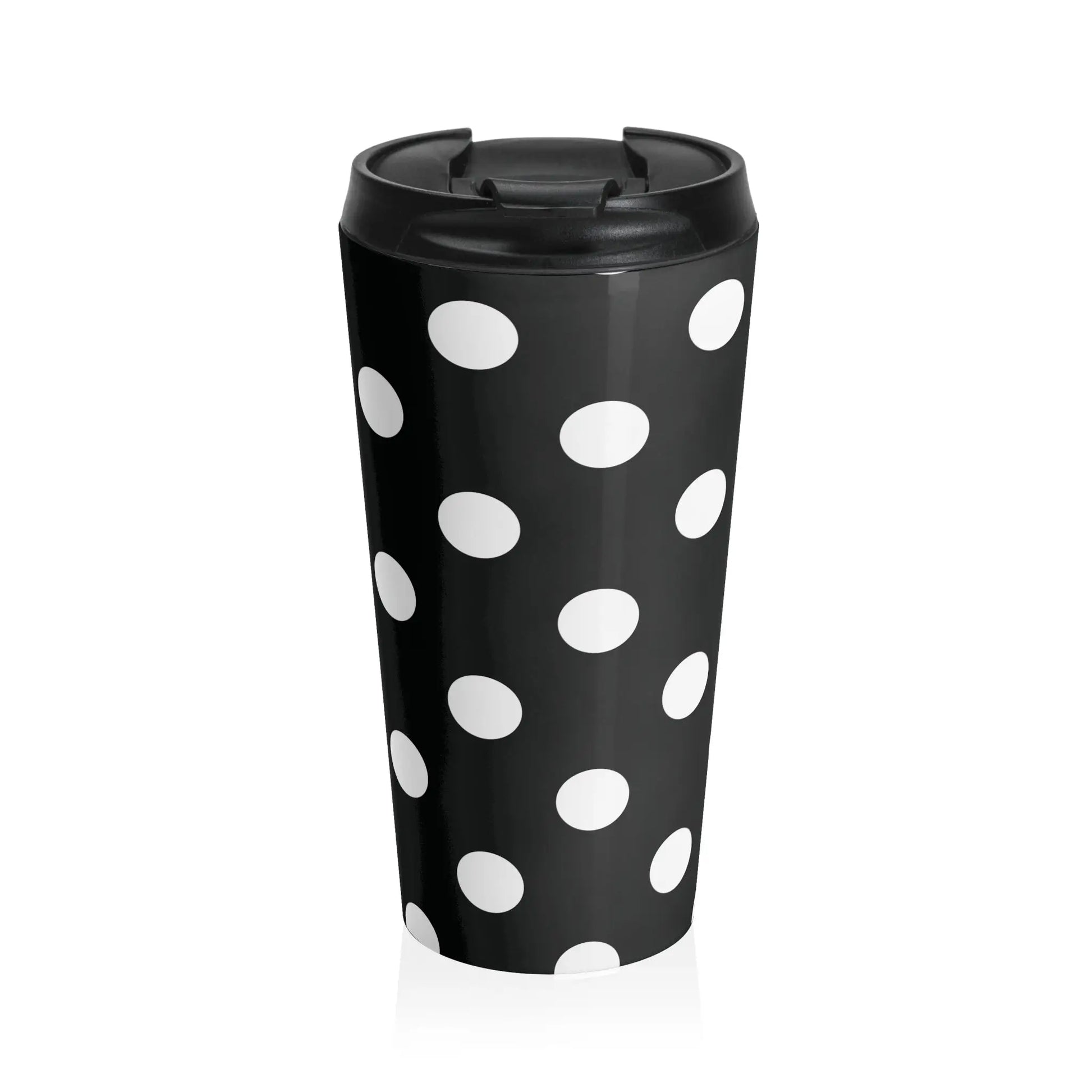 Black and white polka dot stainless steel travel mug with eco-friendly large drink tumbler and black lid