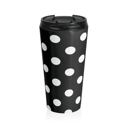 Black and white polka dot stainless steel travel mug with eco-friendly large drink tumbler and black lid