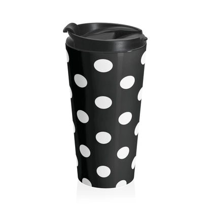 Black and white polka dot stainless steel travel mug with eco-friendly large drink tumbler and black lid