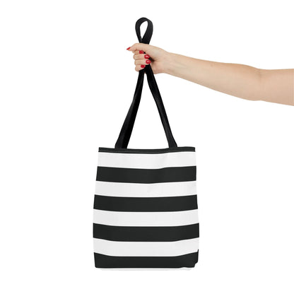 Black and white striped canvas white shoulder tote with black fabric handles perfect as a chic beach tote or grocery bag