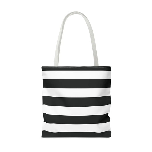 Black and white shoulder tote bag with horizontal stripes and matching fabric handles perfect for beach or grocery use