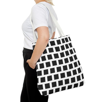 Black and white geometric tote bag with a black square pattern grid on white background for versatile use