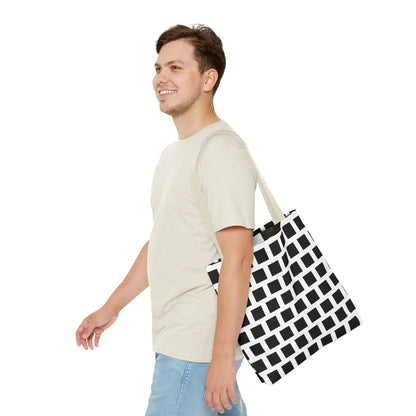 Black and white canvas tote bag with black square pattern featuring a durable and versatile shoulder design