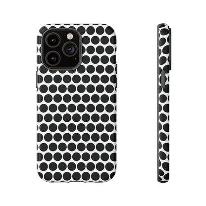 Black and white dot pattern tough phone case with sleek modern design shown from the back for iphone samsung google