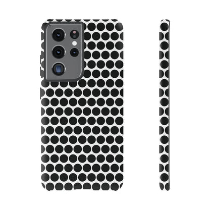 Black white dot pattern tough phone case with sleek modern design showing the back for iphone samsung google models