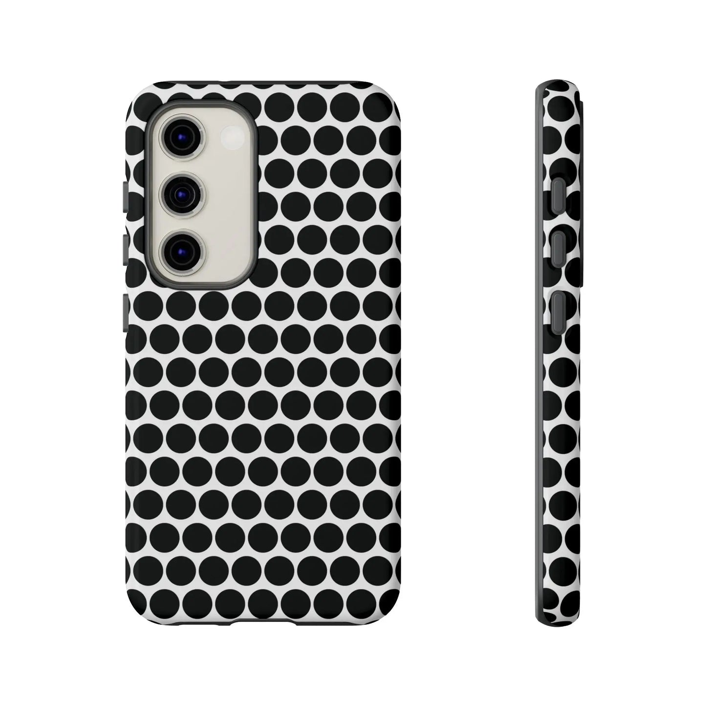 Black white dot pattern tough phone case with sleek modern design showing back side for iphone samsung google