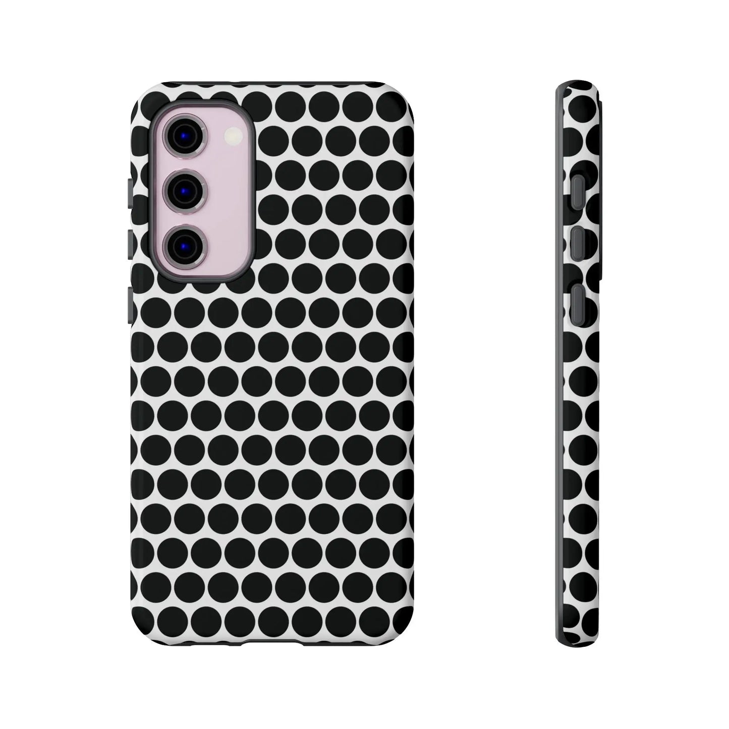 Black white dot pattern tough phone case with sleek modern design shown from the back for iphone samsung and google
