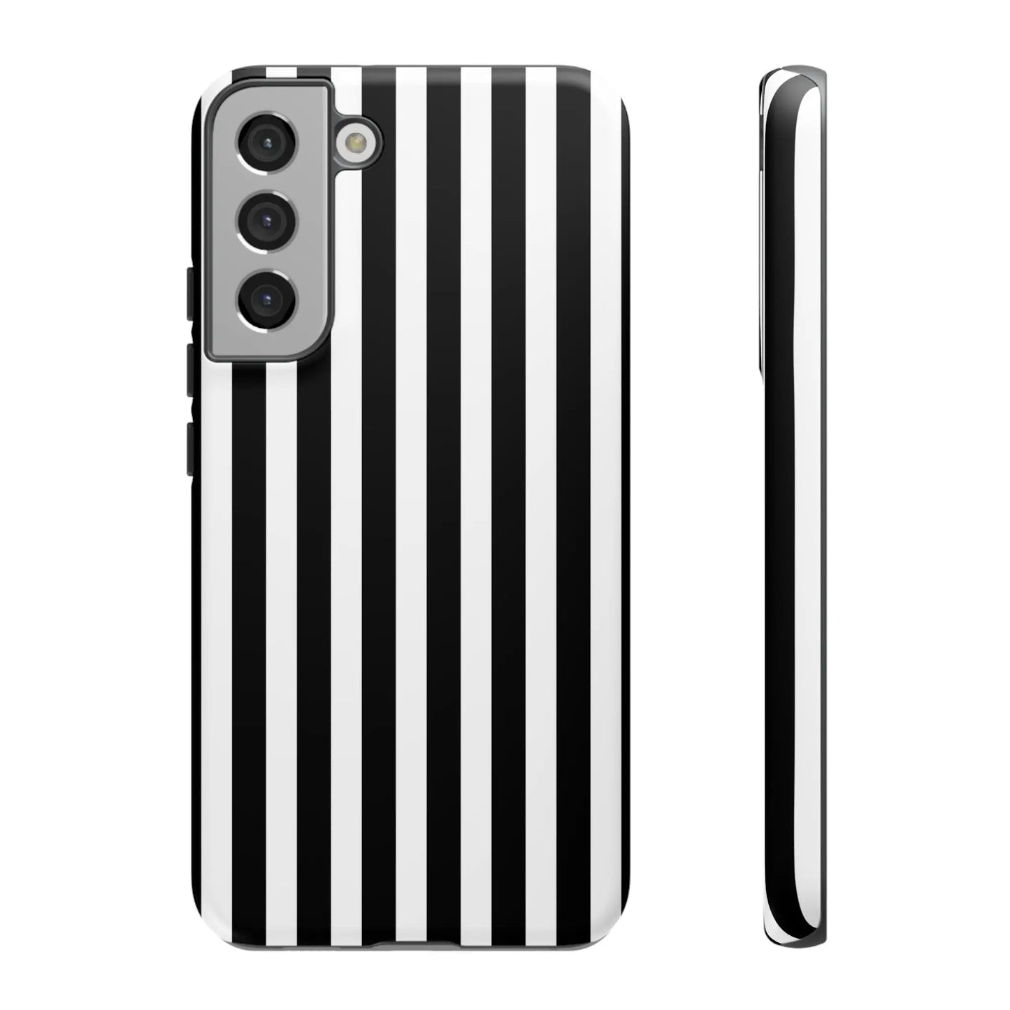 Black white horizontal stripe phone case cover for iPhone Samsung Galaxy S24 and Google Pixel with glossy finish back side