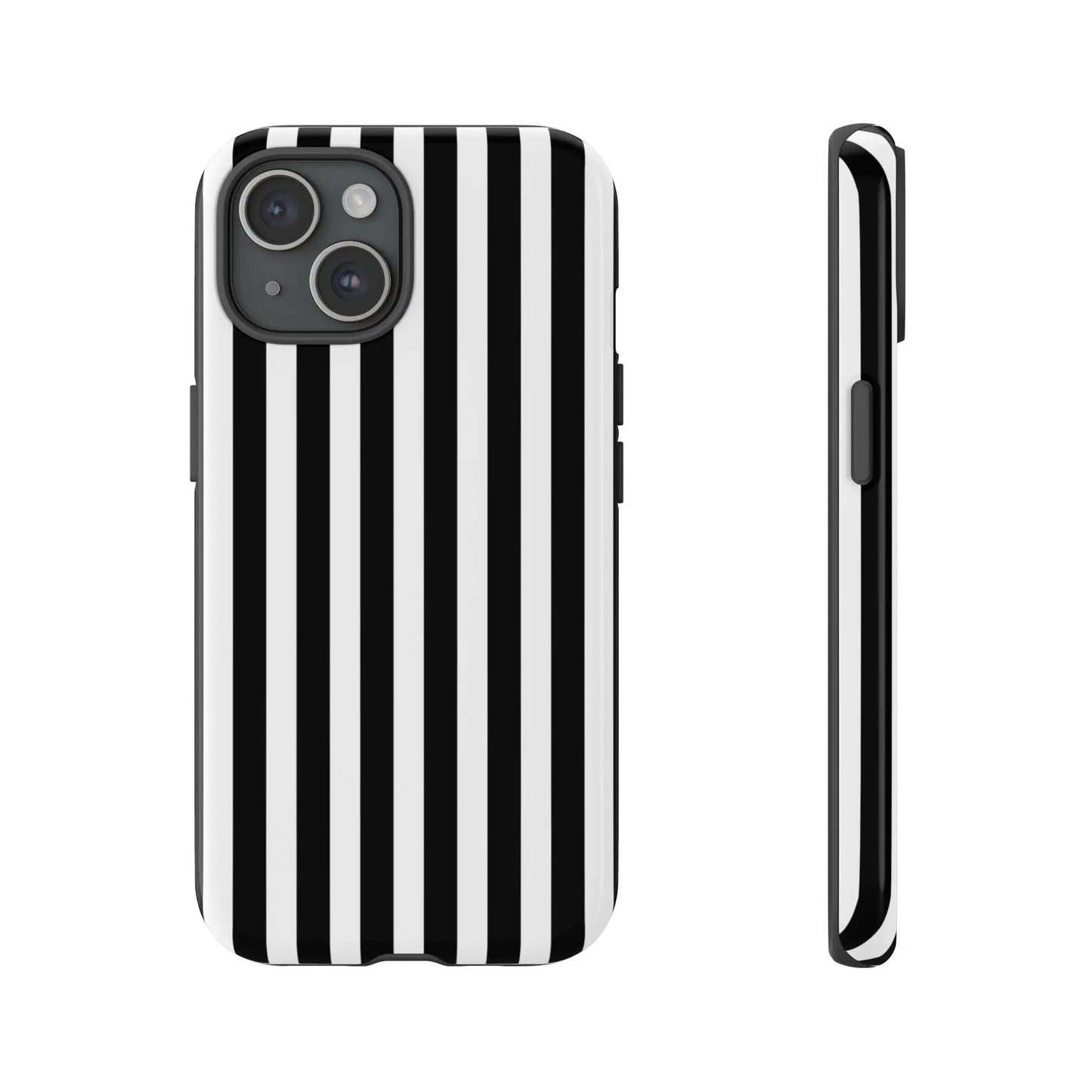 Black and white horizontal stripe phone case cover with sleek modern design shown from the back for iPhone and Samsung