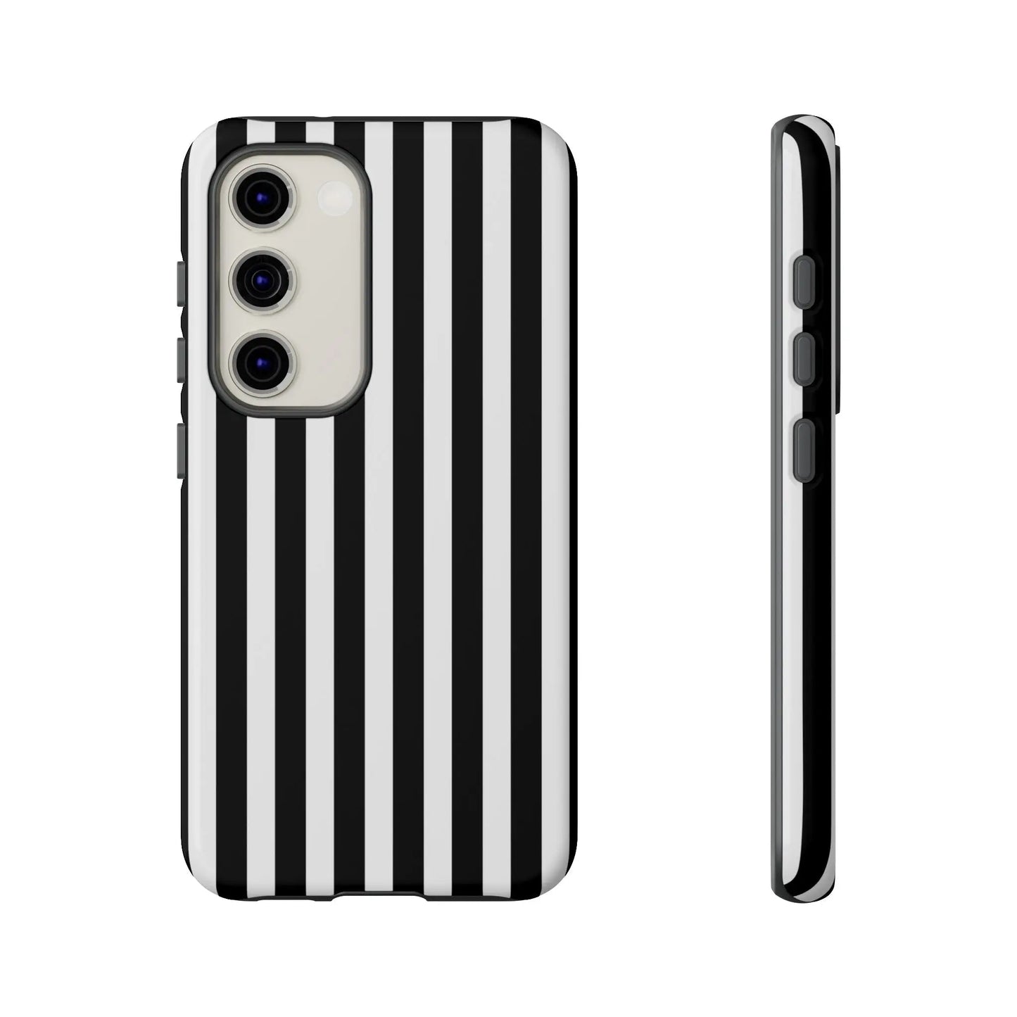 Black white horizontal stripe phone case cover for iphone samsung galaxy s24 and google pixel shown from the back