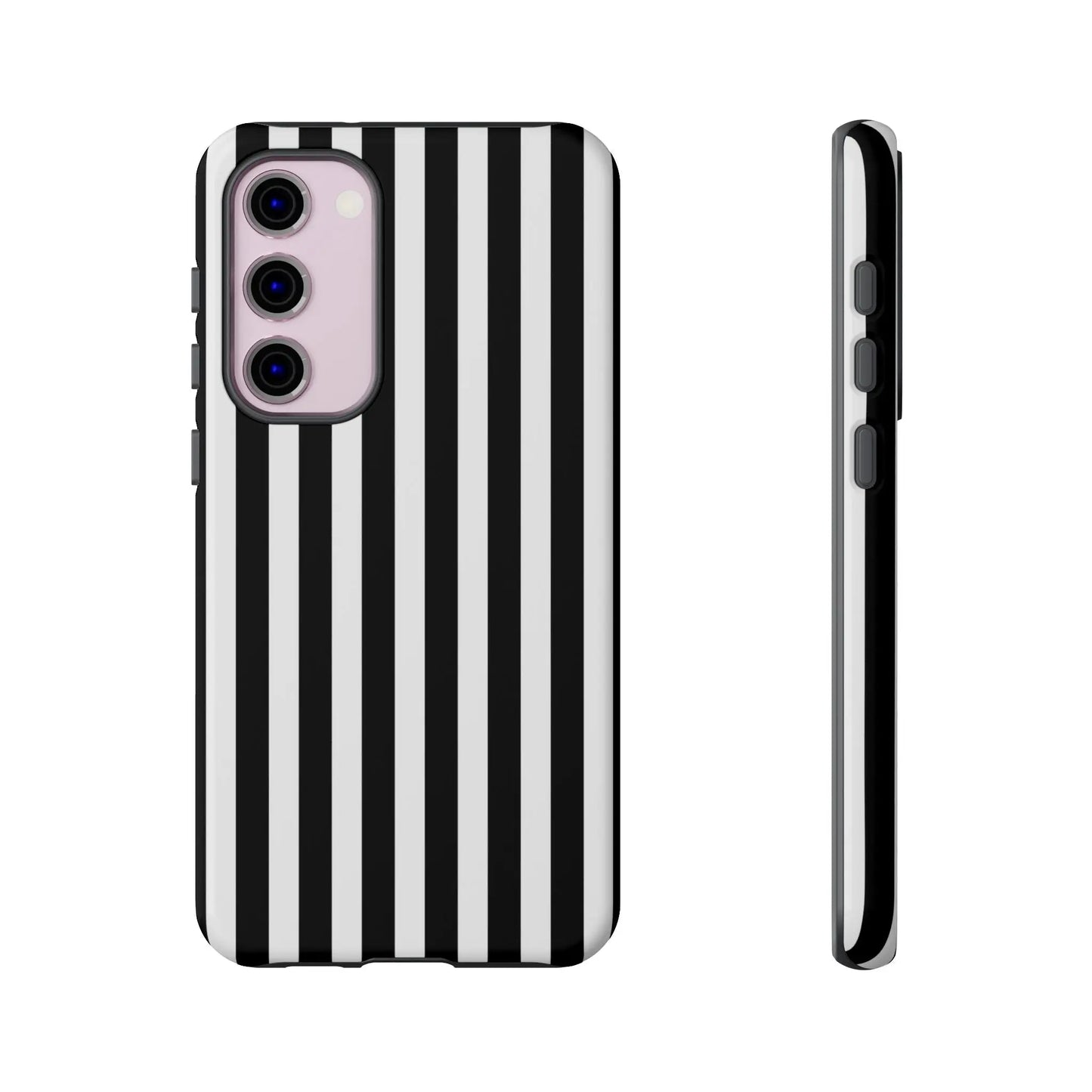 Black and white horizontal stripe phone case cover with sleek modern design shown from the back for iPhone Samsung and Pixel