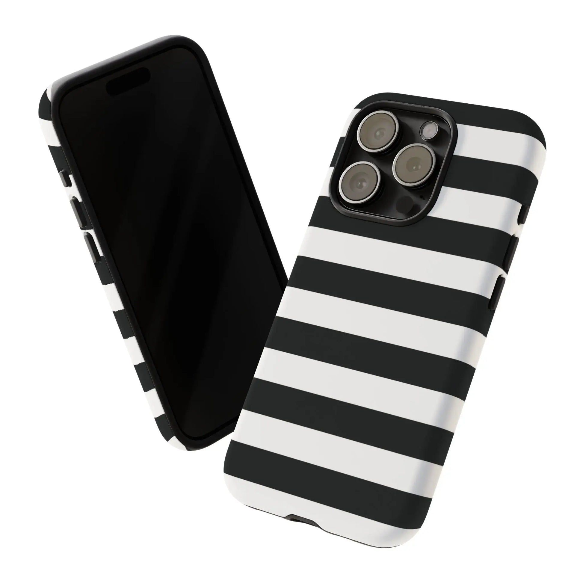 Back view of a sleek black white stripe phone case for iphone samsung s and google pixel phones