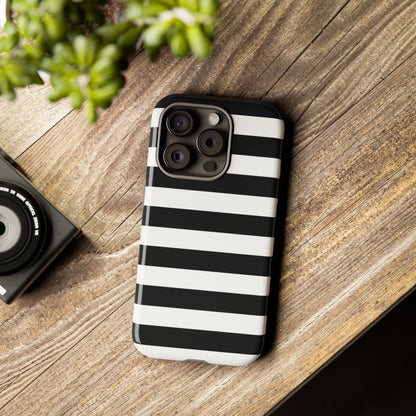 Black white stripe phone case with sleek modern design showing the back side compatible with iphone samsung pixel
