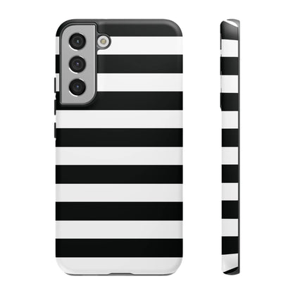 Back side of a black white stripe phone case with horizontal stripes for iphone samsung s google pixel phones