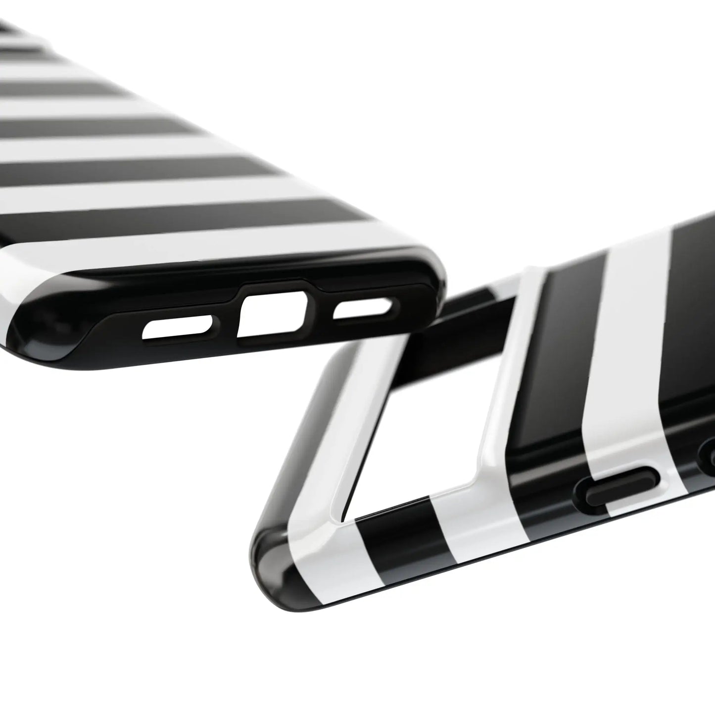 Black white stripe phone case with glossy finish showing the back side for iphone samsung s and google pixel phones