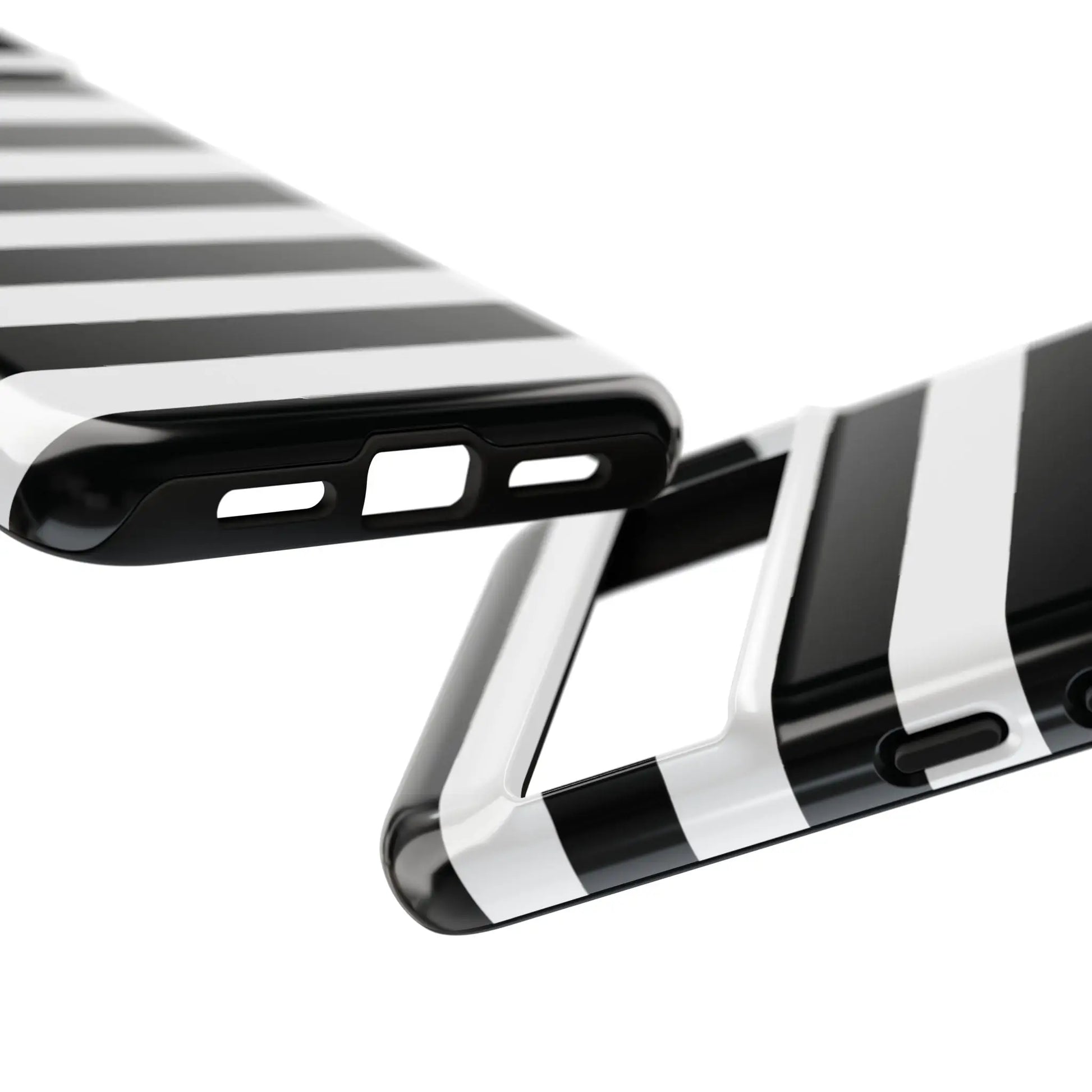Black white stripe phone case with glossy finish showing the back side for iphone samsung s and google pixel phones