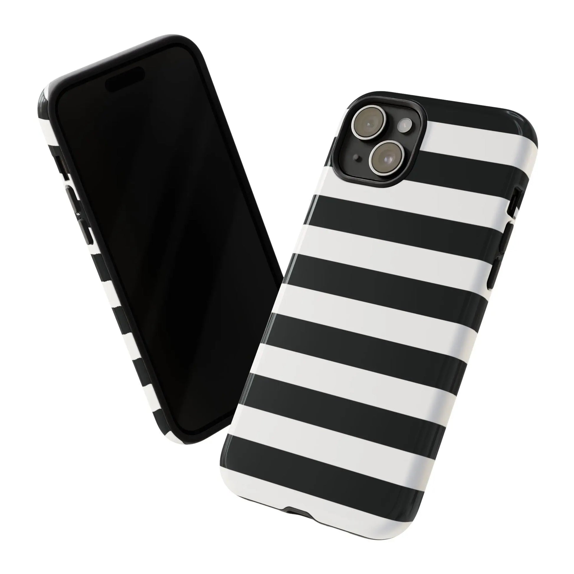 Black white stripe phone case with sleek glossy finish shown from the back for iphone samsung s google pixel phones