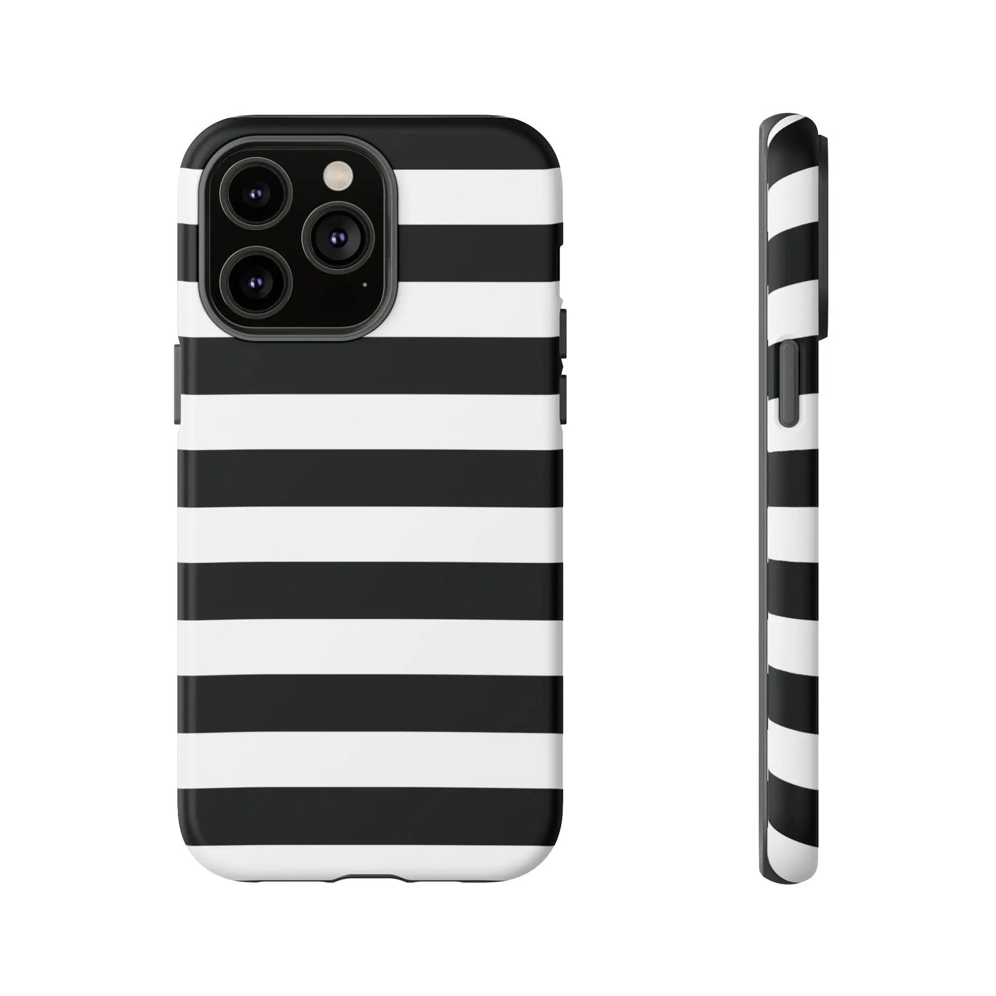 Back side of a black white stripe phone case with bold horizontal stripes for iphone samsung s and google pixel phones