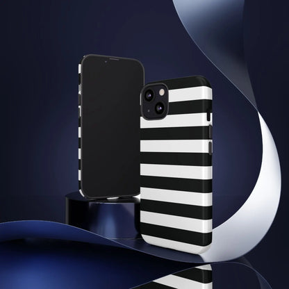Black white stripe phone case with bold horizontal stripes shown from the back for iphone samsung s and google pixel phones