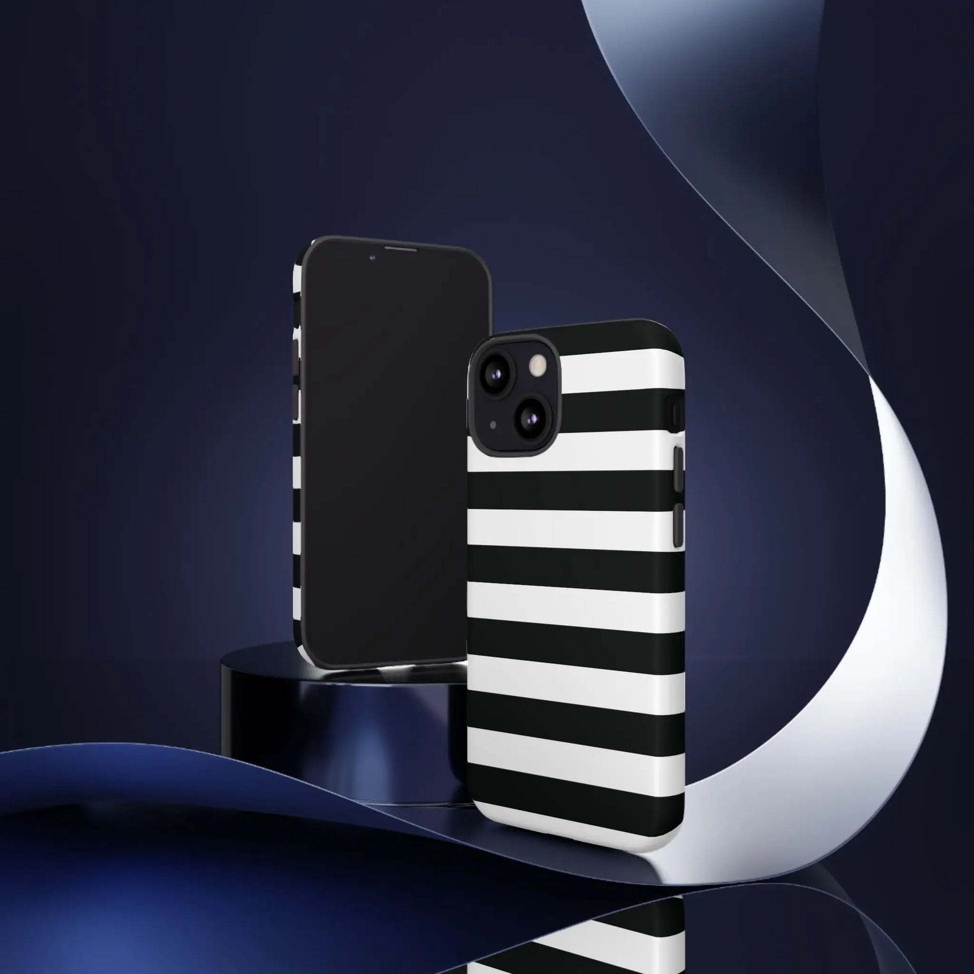 Black white stripe phone case with horizontal stripes shown from the back for iphone samsung s and google pixel phones