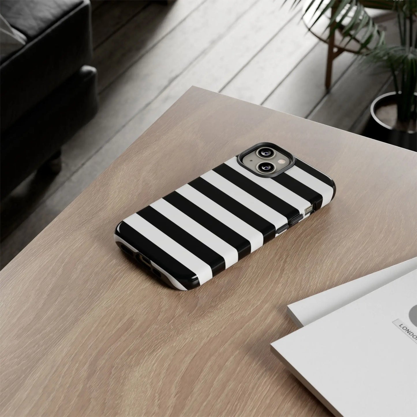 Black white stripe phone case for iphone samsung s and google pixel phones showing sleek back design