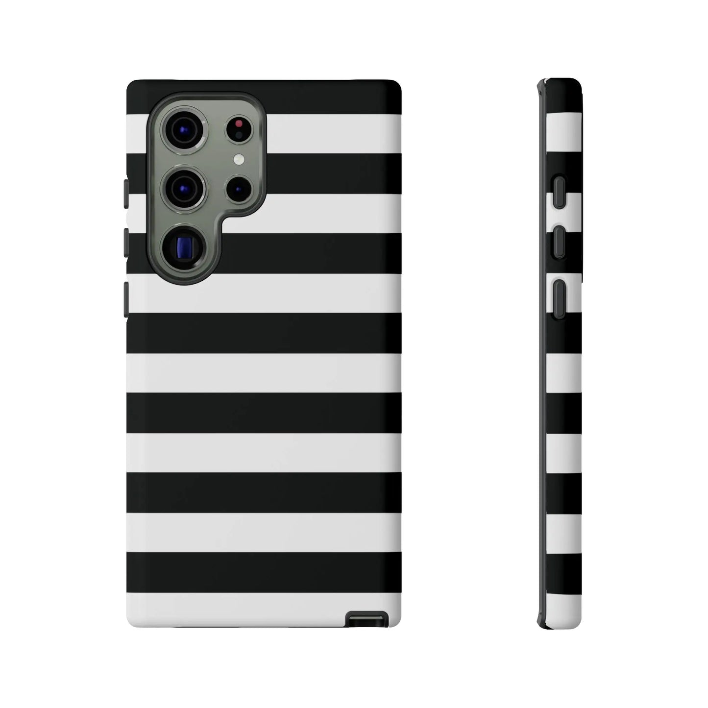 Back side of a black white stripe phone case with bold horizontal stripes for iphone samsung and google pixel phones