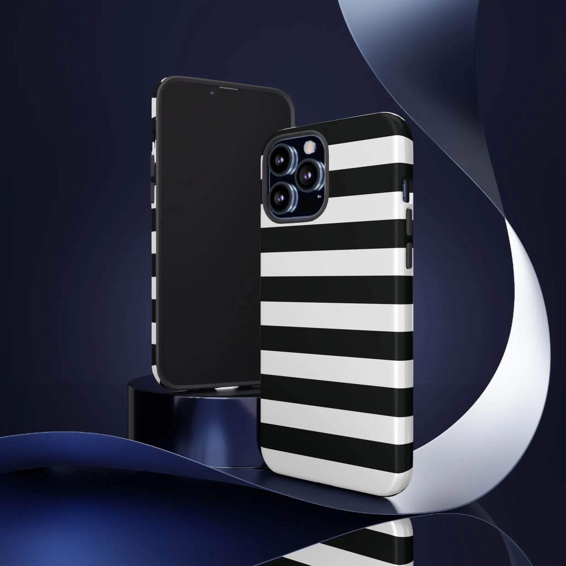 Black white stripe phone case with bold horizontal stripes shown from the back for iphone samsung and google pixel phones