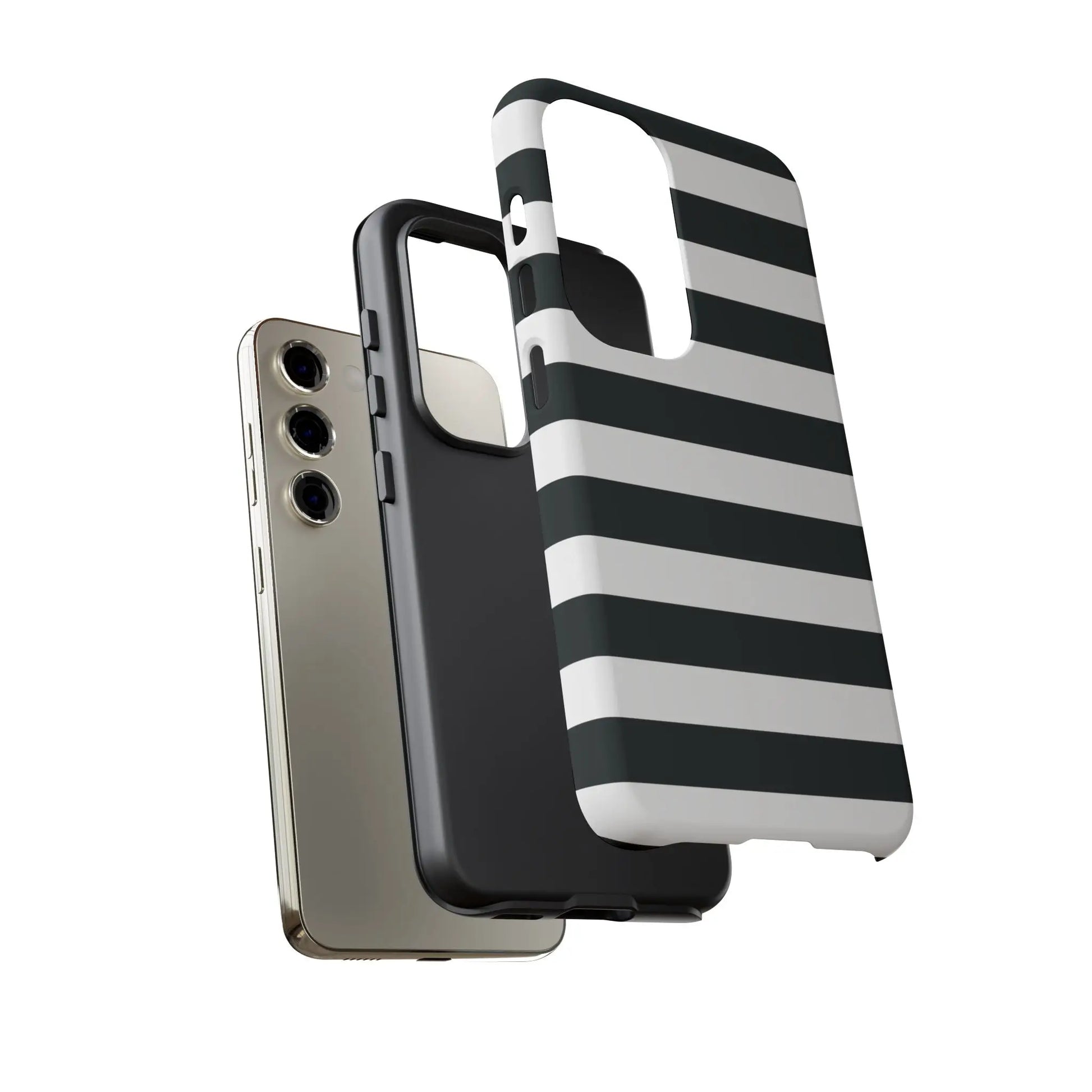 Back side of a sleek black white stripe phone case for iphone samsung s and google pixel phones with modern design