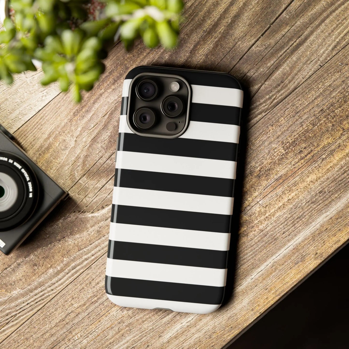 Black white stripe phone case for iphone samsung and google pixel showing the back side sleek modern design