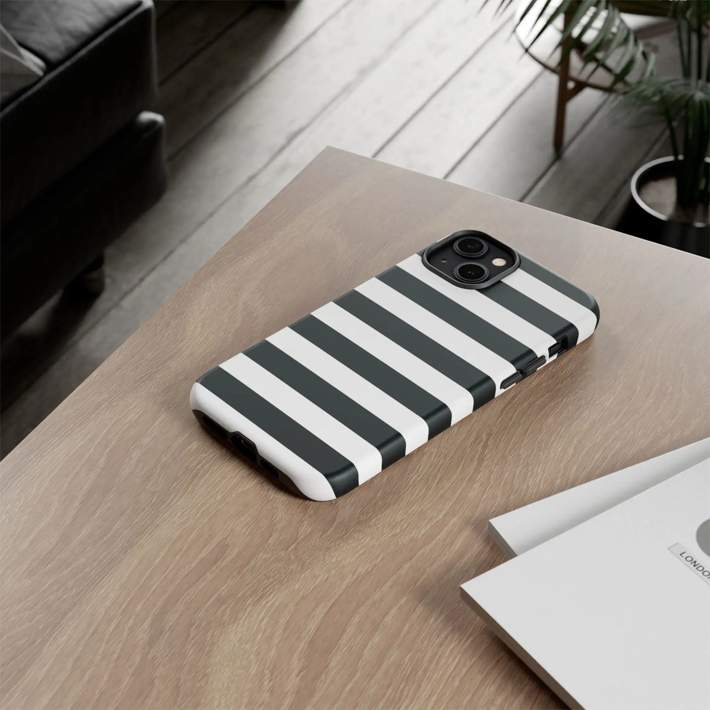 Back side of a black white stripe phone case with sleek modern design for iphone samsung s and google pixel phones