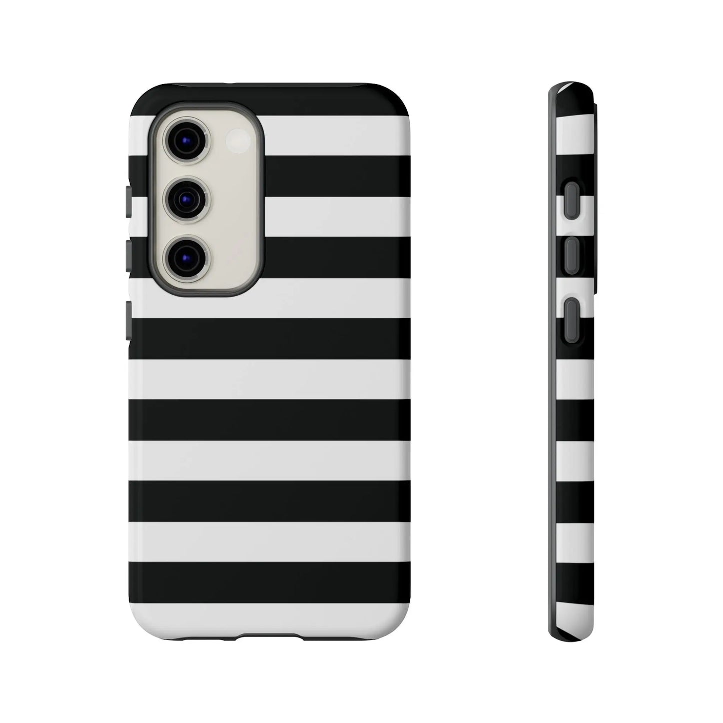 Black white stripe phone case for iphone samsung and google pixel showing the back side with modern design