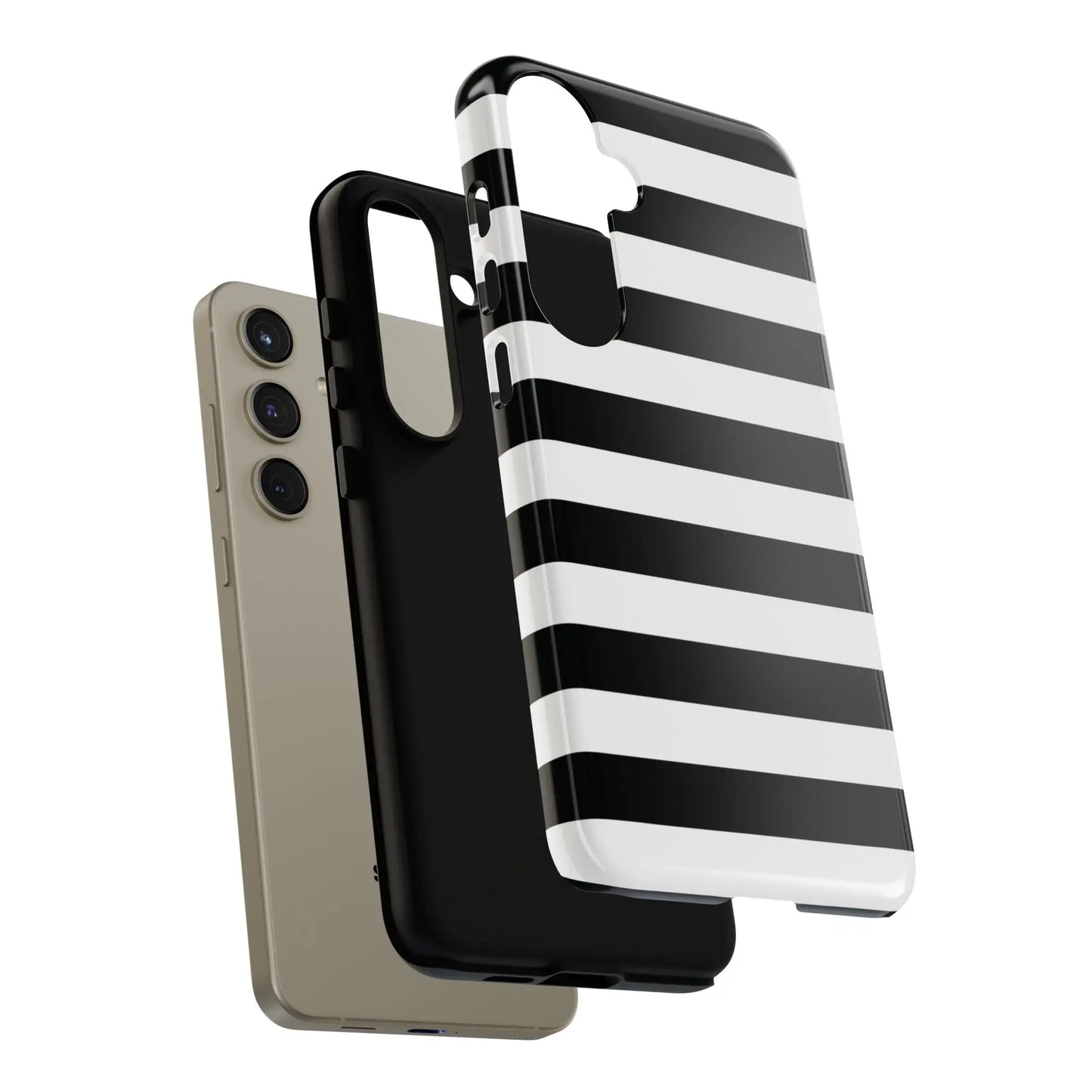Back side of black white stripe glossy phone case for iphone samsung s google pixel phones with white stripe phone design