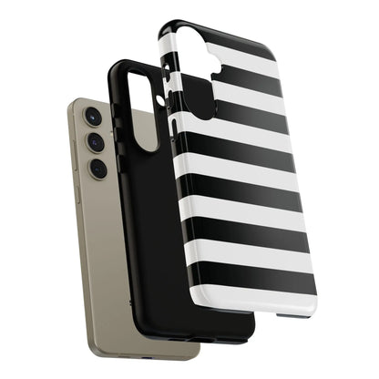 Back side of black white stripe glossy phone case for iphone samsung s google pixel phones with white stripe phone design