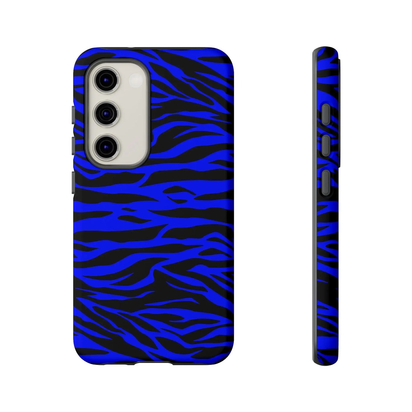 Blue wild tiger print phone case cover showing the back with vibrant blue and black zebra-striped sleek design