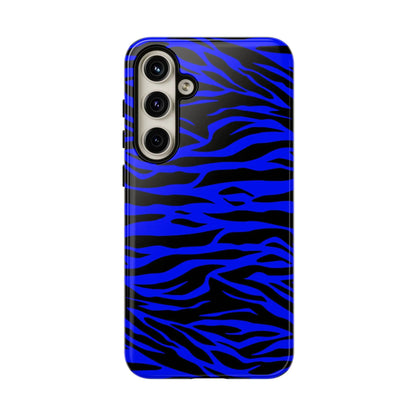 Blue wild tiger print phone case cover for iPhone Galaxy and Pixel with vibrant blue and black glossy zebra stripes