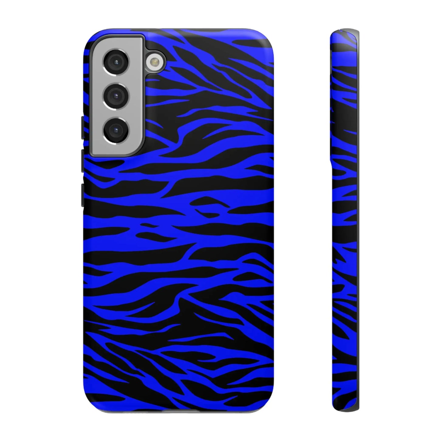 Back side of a vibrant blue wild tiger print phone case cover for samsung galaxy s21 with wild tiger print design