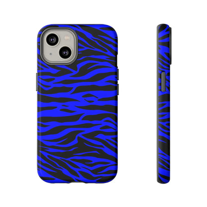 Blue wild tiger print phone case cover for iphone 13 with vibrant blue and black zebra-striped design shown from back side