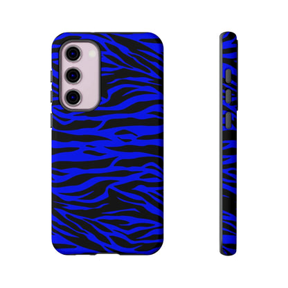 Blue wild tiger print phone case cover for iPhone Galaxy and Pixel with vibrant blue and black zebra-striped back design