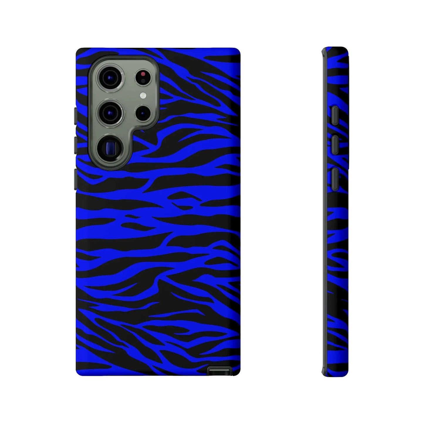 Blue wild tiger print phone case cover with vibrant blue and black zebra print and sleek protective design back side