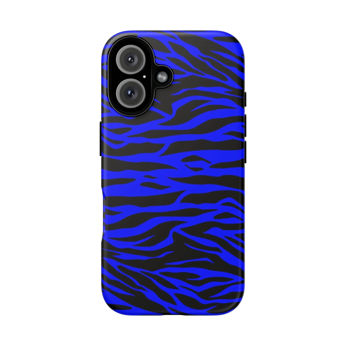 Blue wild tiger print phone case cover with vibrant blue and black zebra stripes shown from the back side