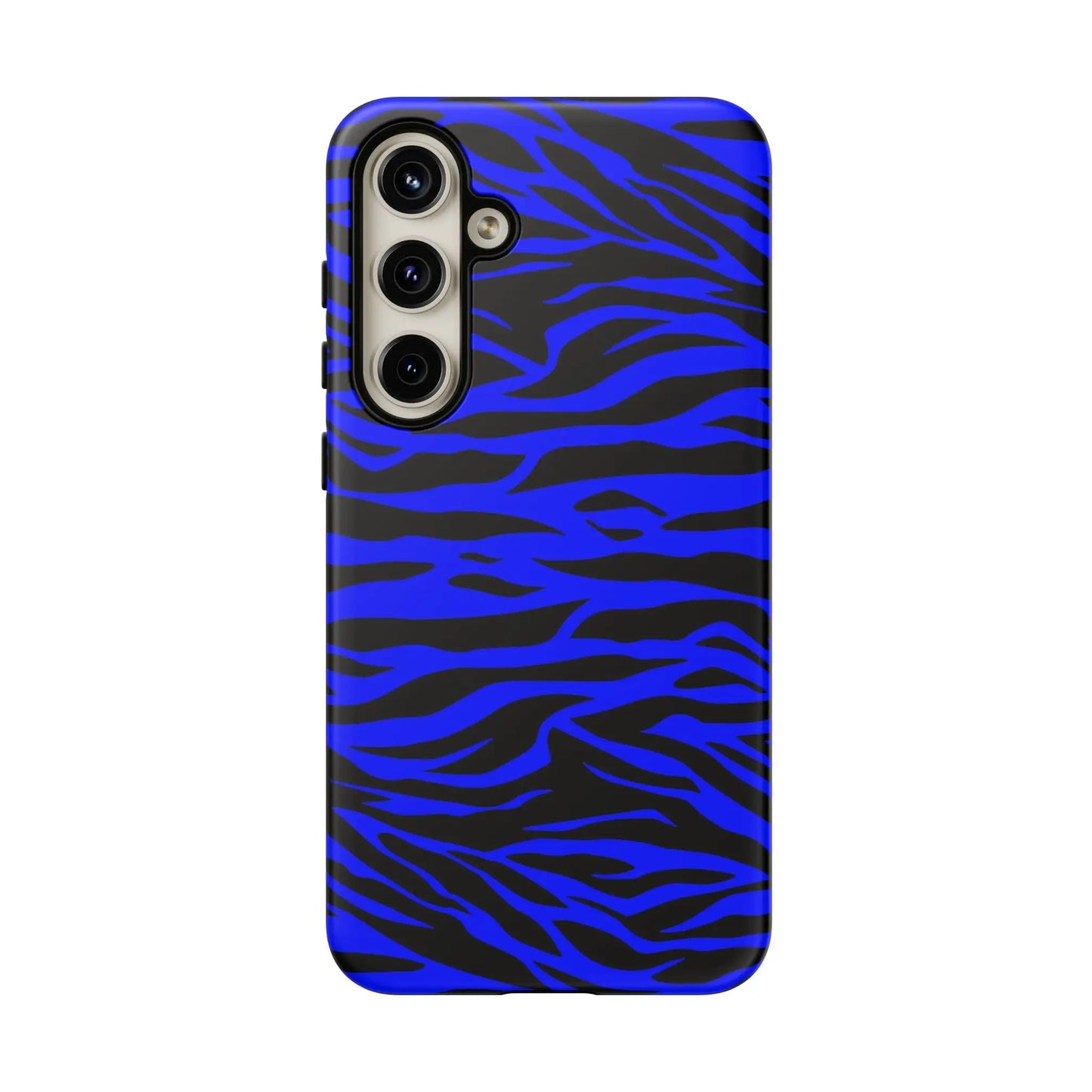 Blue wild tiger print phone case cover for iPhone Galaxy and Pixel phones with vibrant blue and black zebra stripes on back