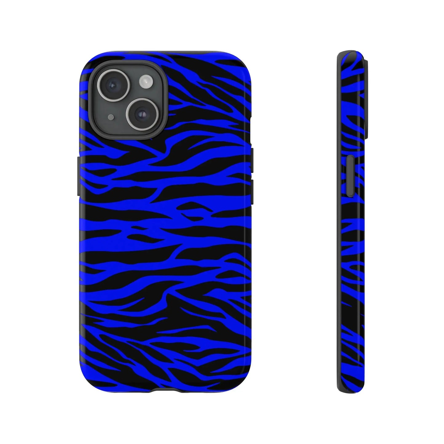 Blue wild tiger print phone case back with vibrant blue and black zebra stripes and sleek protective design for phones