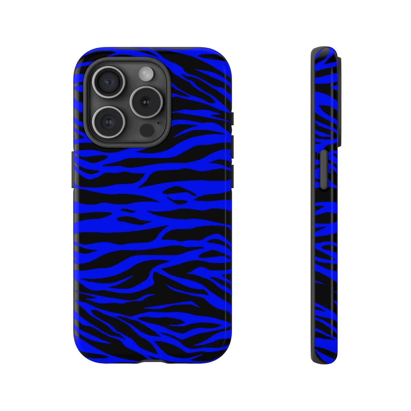 Blue wild tiger print phone case cover for iphone galaxy s and pixel with vibrant blue and black zebra stripes back side